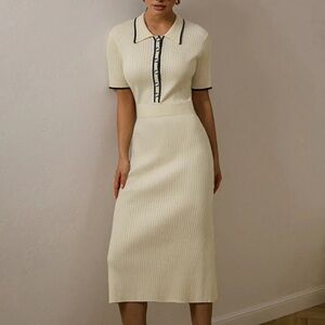 Commense Contrast Trim Rib Knit Short Sleeve Midi Dress S NWT work dress